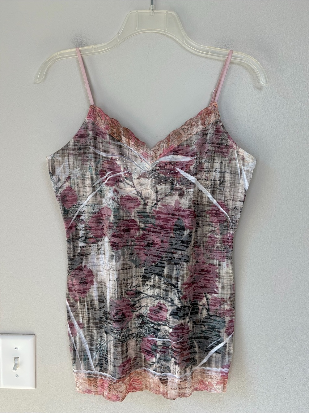 Maurices Vintage/Y2K Inspired Lace Trim Faded Roses Rhinestoned Camisole Tank